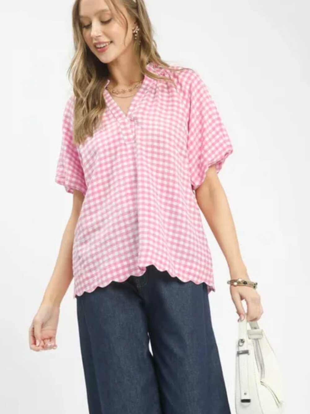 Umgee Gingham Bubble Sleeve Blouse with‎ Scallop Hem